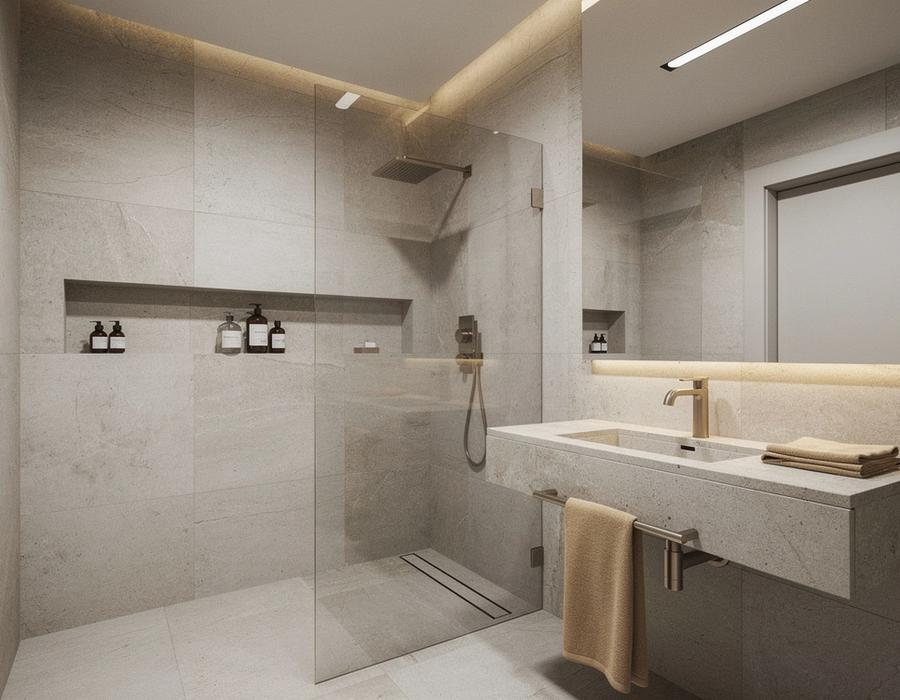 Bathroom renovation highlight with neutral stone tones and clean lines